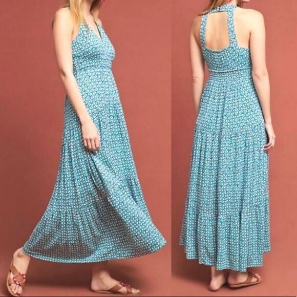 Anthropologie Maeve Mabel Tiered Maxi Dress Blue Motif - Picture 1 of 11